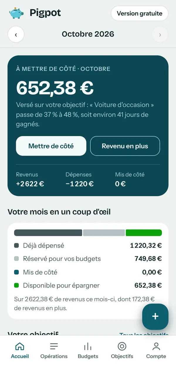 L'écran d'accueil de Pigpot : le montant à mettre de côté ce mois-ci et la répartition des revenus.